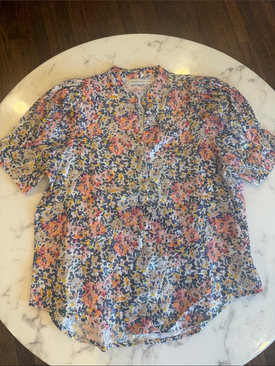 Lanhtropy Tops - Lanhtropy Linen Pink Multi Floral Short-Sleeve Button Front Blouse